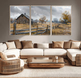 Farm1-MGV-CV-36X24-Rustic Autumn Farmhouse Wall Art – Serene Countryside Scene Canvas Print, Weathered Barn and Autumn Trees Decor for Living Room,