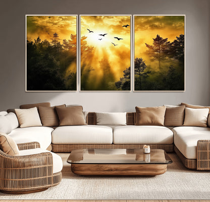 13776802-MGV-CV-36X24-Golden Forest Wall Art Canvas Print, Framed Sunset Pines Art Picture Print, Flying Birds Perfect Nature Glow Decor Artwork