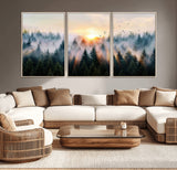 56391411-MGV-CV-36X24-Misty Forest Wall Art Canvas Print, Framed Sunrise Pines Art Picture Print, Moody Pines Perfect Serene Woodland Decor Artwork