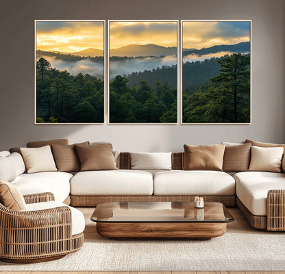 68082278-MGV-CV-36X24-Mountain Sunrise Wall Art Canvas Print, Framed Pine Forest Art Picture Print, Misty Mountains Perfect Earthy Woodland Decor