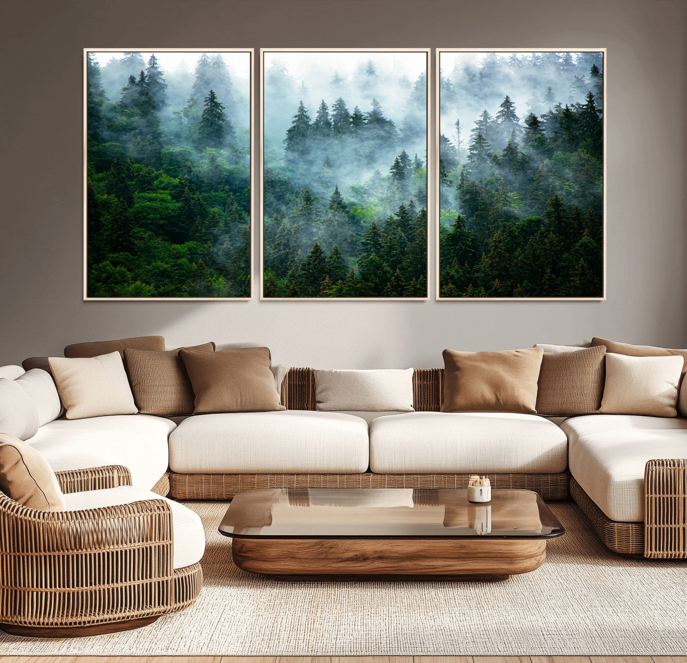 17393683-MGV-FC-60X30-3P_Natural-Misty Forest Art Wall Art Canvas Print, Framed Foggy Mountain Art Art Picture Print, Scenic Wall Print Perfect Decor Artwork