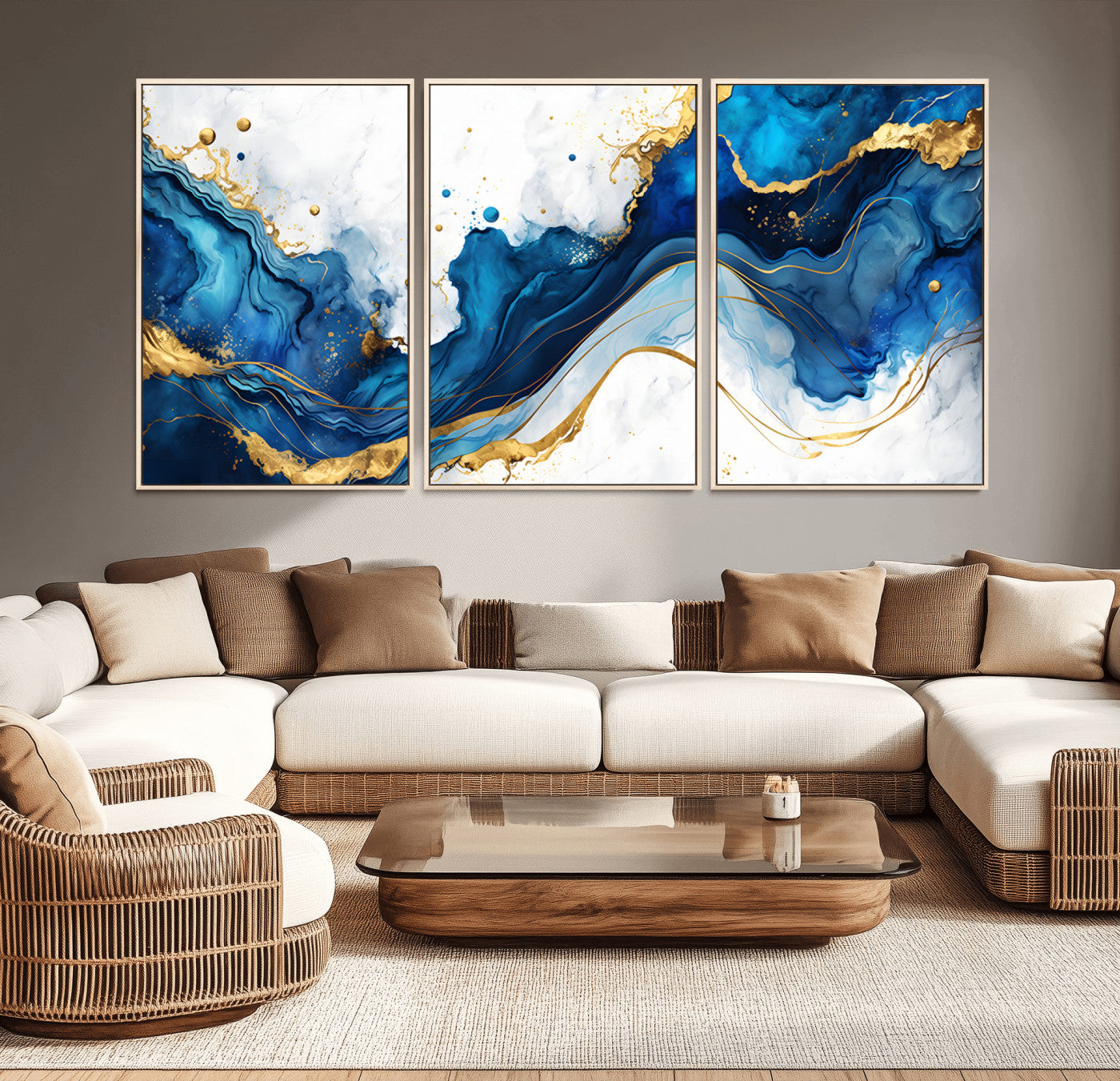33506371-MGV-CV-36X24-Blue Marble Wall Art Canvas Print, Framed Gold Splash Art Picture Print, Abstract Wave Perfect Modern Luxe Decor Artwork