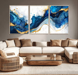 33506371-MGV-CV-36X24-Blue Marble Wall Art Canvas Print, Framed Gold Splash Art Picture Print, Abstract Wave Perfect Modern Luxe Decor Artwork