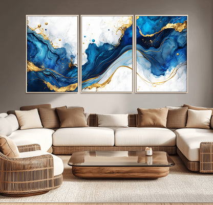 33506371-MGV-CV-36X24-Blue Marble Wall Art Canvas Print, Framed Gold Splash Art Picture Print, Abstract Wave Perfect Modern Luxe Decor Artwork