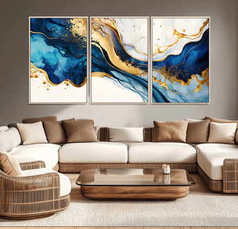 60283636-MGV-CV-36X24-Blue Gold Flow Wall Art Canvas Print, Framed Marble Texture Art Picture Print, Elegant Splash Perfect Elegant Abstract Decor