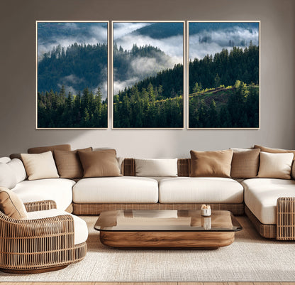 84598503-MGV-CV-36X24-Misty Forest Wall Art Canvas Print, Framed Pine Hills Art Picture Print, Moody Hills Perfect Moody Woodland Decor Artwork