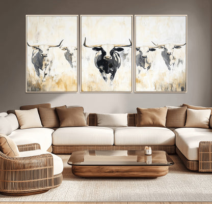 40397799-MGV-CV-36X24-Texas Longhorn Wall Art Canvas Print, Framed Rustic Herd Art Picture Print, Western Bull Perfect Neutral Western Decor Artwork