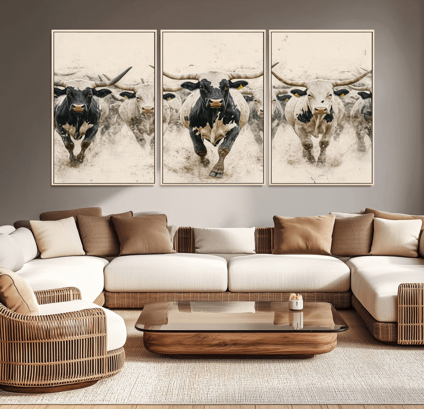 61538944-MGV-CV-36X24-Texas Longhorn Wall Art Canvas Print, Framed Cattles Walking Art Picture Print, Black White Bulls Perfect Rustic Western Decor