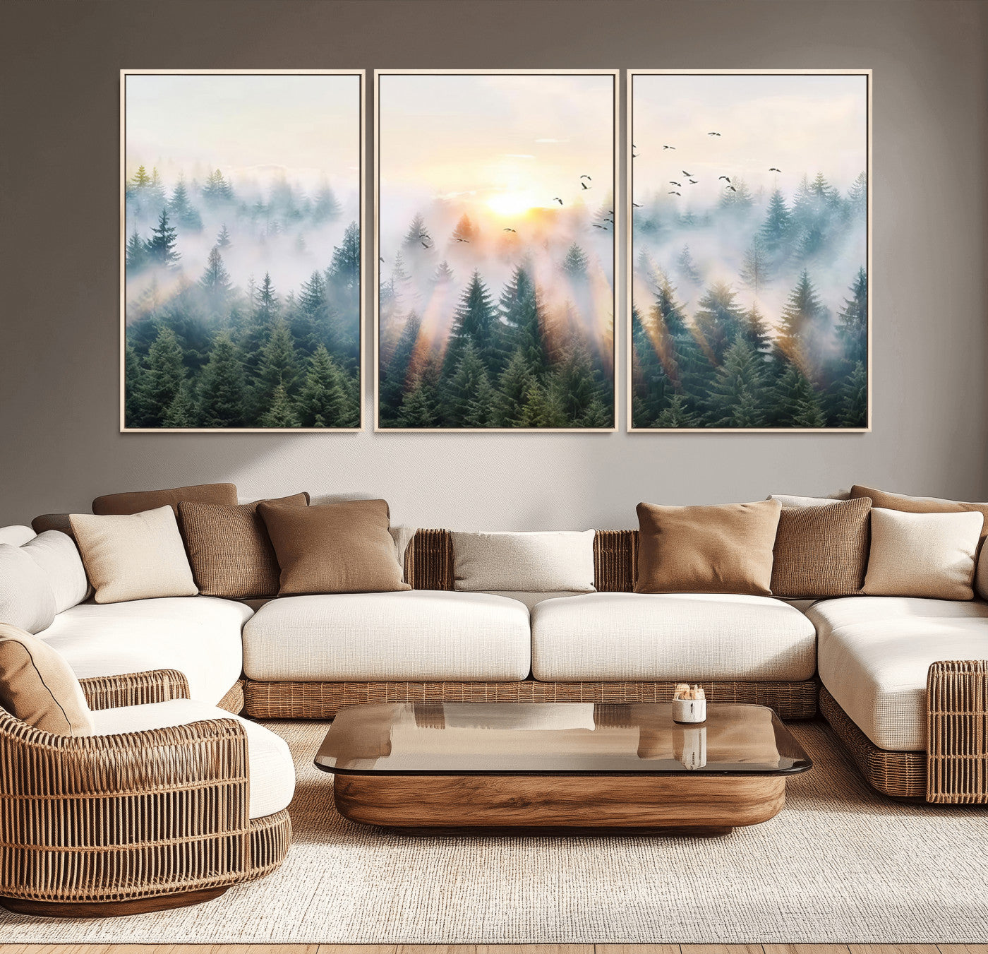 92718976-MGV-CV-36X24-Misty Forest Wall Art Canvas Print, Framed Sunrise Pines Art Picture Print, Foggy Woodland Perfect Moody Woodland Decor Artwork