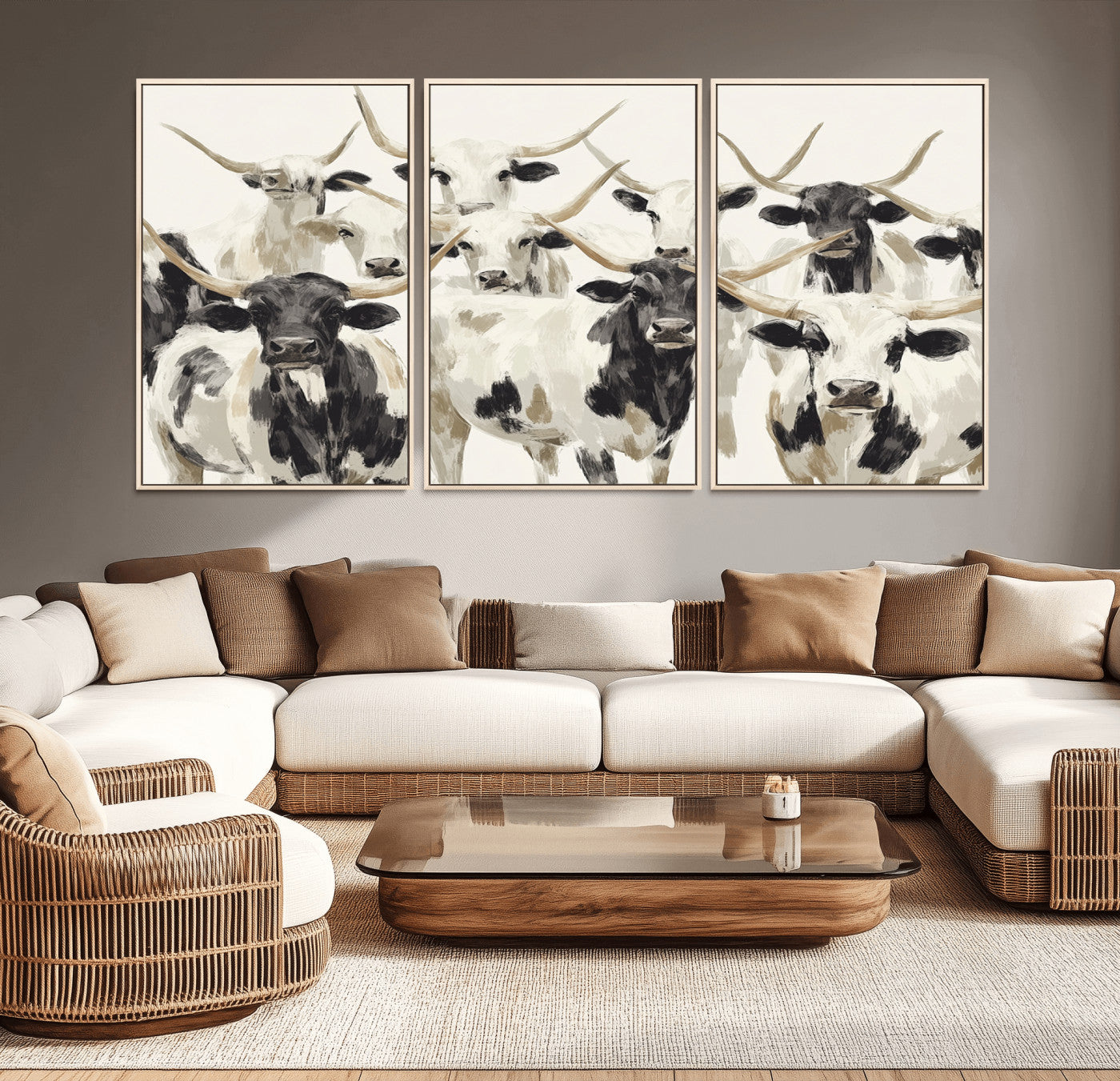 52947970-MGV-CV-36X24-Texas Longhorn Wall Art Canvas Print, Framed Cattle Herd Art Picture Print, Herd Portrait Perfect Modern Farmhouse Decor Artwork