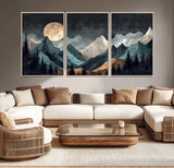 11060882-MGV-CV-36X24-Moonlit Mountains Wall Art Canvas Print, Framed Forest Silhouette Art Picture Print, Night Landscape Perfect Modern Forest Decor