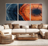 57732250-MGV-CV-36X24-Tree Ring Abstract Wall Art – Blue Orange Wood Grain Canvas Print, Modern Rustic Nature Artwork for Living Room, Office,