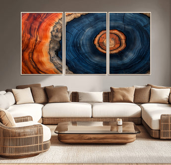 72209152-MGV-CV-36X24-Abstract Tree Ring Wall Art – Vibrant Blue Orange Wood Grain Canvas Print, Rustic Modern Nature Artwork for Living Room, Office,