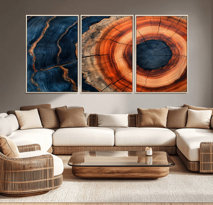 41123192-MGV-CV-36X24-Tree Ring Canvas Wall Art – Abstract Blue Orange Wood Grain Print, Rustic Modern Nature Artwork for Living Room, Bedroom, Office