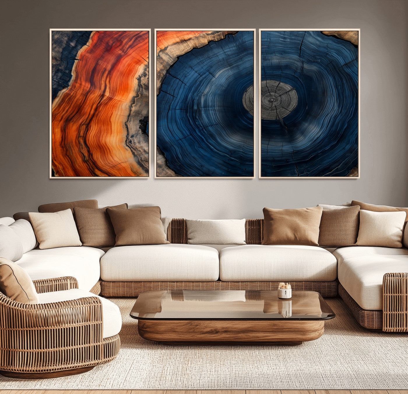 99491700-MGV-CV-36X24-Tree Ring Canvas Wall Art – Blue Orange Abstract Wood Grain Print, Rustic Modern Nature Artwork for Living Room, Office, Bedroom