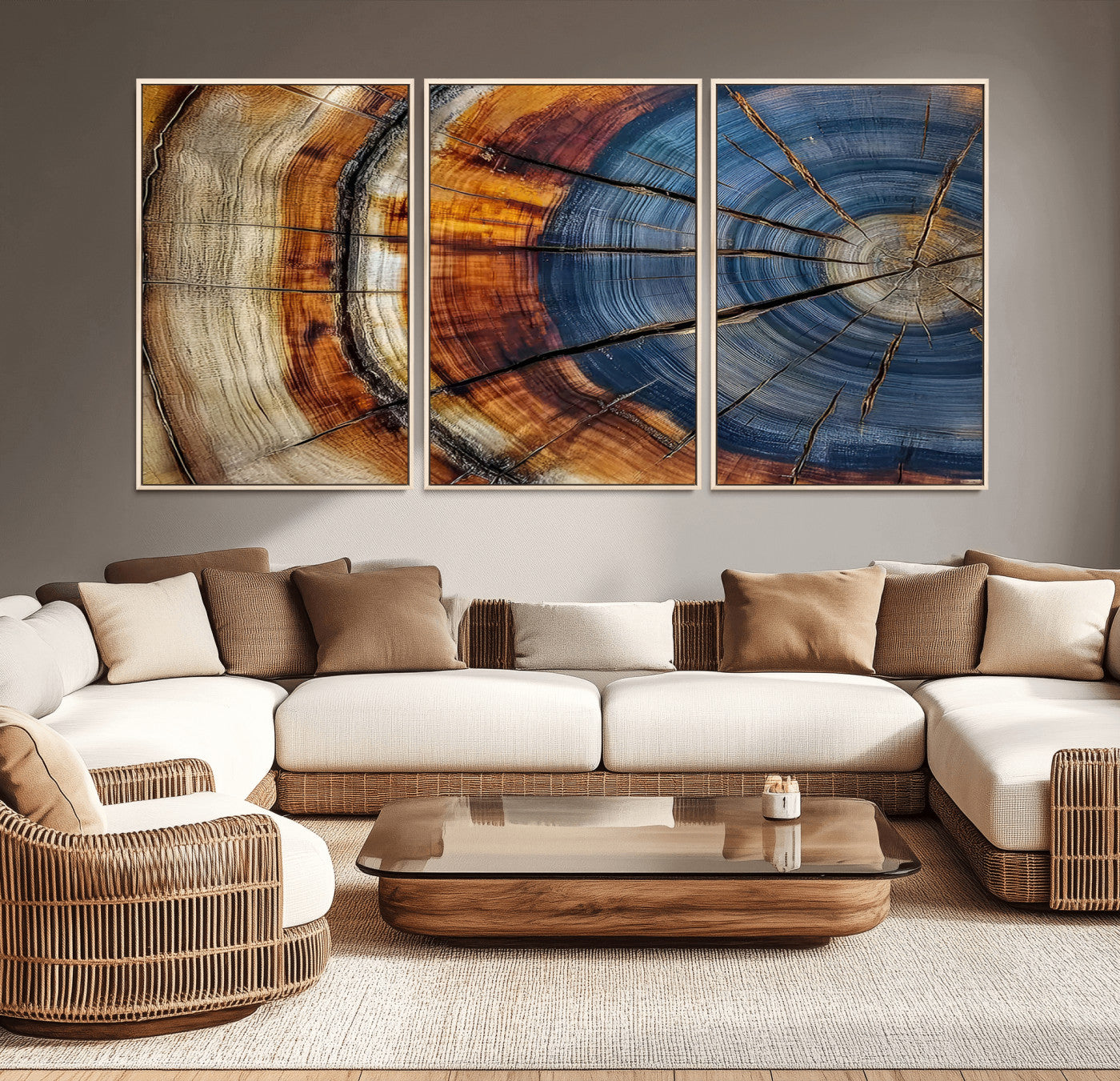 18032999-MGV-CV-36X24-Tree Ring Wall Art – Blue Brown Abstract Wood Slice Canvas Print, Rustic Modern Nature Decor for Living Room, Office, Bedroom or