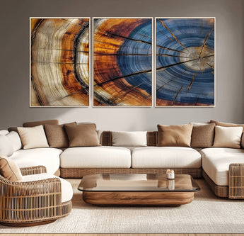 18032999-MGV-CV-36X24-Tree Ring Wall Art – Blue Brown Abstract Wood Slice Canvas Print, Rustic Modern Nature Decor for Living Room, Office, Bedroom or