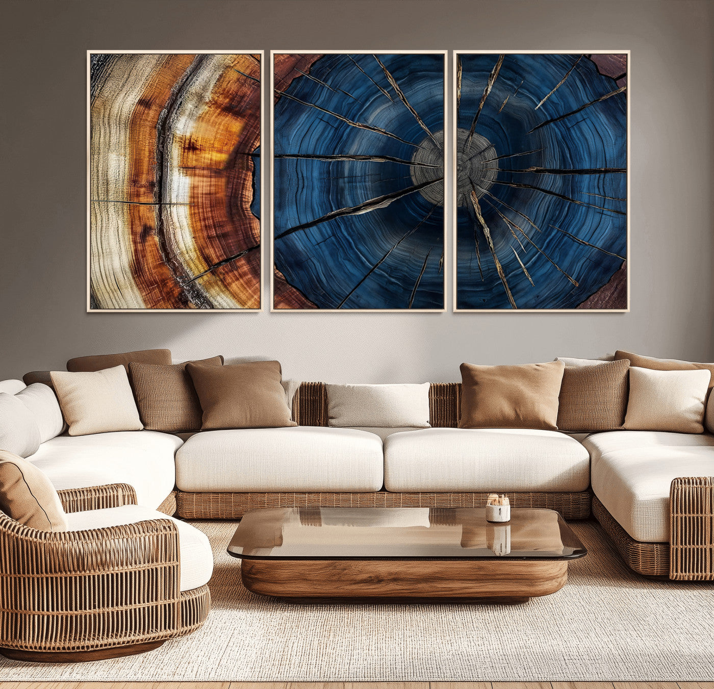 60099360-MGV-CV-36X24-Blue Tree Ring Wall Art – Rustic Wood Grain Canvas Print, Modern Abstract Artwork with Natural Texture for Living Room, Bedroom,