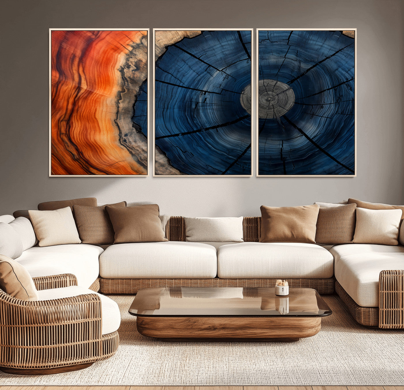 26110607-MGV-CV-36X24-Rustic Tree Ring Wall Art – Natural Wood Texture Canvas Print, Farmhouse Log Cabin Decor, Framed Abstract Tree Stump for Living