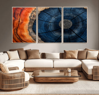 26110607-MGV-CV-36X24-Blue and Orange Tree Ring Wall Art – Abstract Wood Cross Section Canvas Print, Modern Rustic Nature Decor for Living Room, Office,
