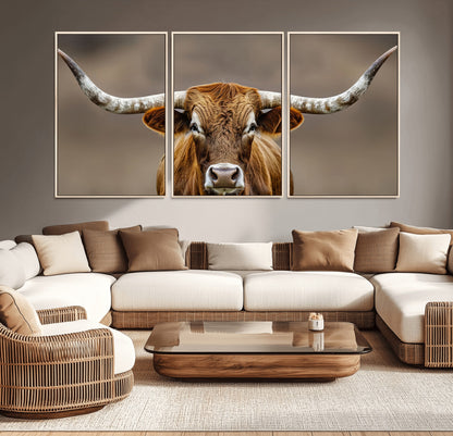 12179171-MGV-CV-36X24-Texas Longhorn Wall Art Canvas Print, Framed Brown Bull Art Picture Print, Lone Cattle Perfect Rustic Western Decor Artwork