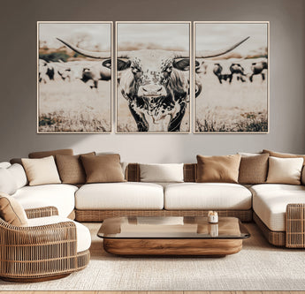 27497342-MGV-CV-36X24-Texas Longhorn Wall Art Canvas Print, Framed Speckled Cow Art Picture Print, Horned Cattle Perfect Rustic Western Decor Artwork
