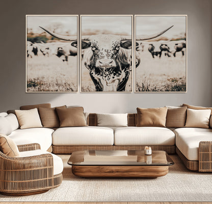 27497342-MGV-CV-36X24-Texas Longhorn Wall Art Canvas Print, Framed Speckled Cow Art Picture Print, Horned Cattle Perfect Rustic Western Decor Artwork