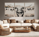 27497342-MGV-CV-36X24-Texas Longhorn Wall Art Canvas Print, Framed Speckled Cow Art Picture Print, Horned Cattle Perfect Rustic Western Decor Artwork