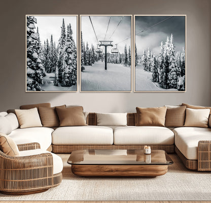 31156828-MGV-CV-36X24-Snowy Pines Wall Art Canvas Print, Framed Ski Lift Art Picture Print, Winter Forest Perfect Moody Lodge Decor Artwork