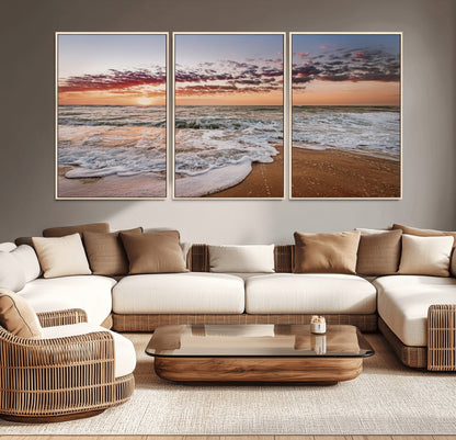 39846389-MGV-CV-36X24-Ocean Sunset Wall Art Canvas Print, Framed Sandy Shore Art Picture Print, Gentle Waves Perfect Minimalist Coastal Decor Artwork