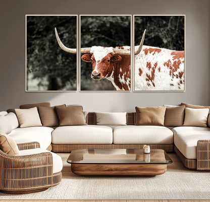 54027638-MGV-CV-36X24-Texas Longhorn Wall Art Canvas Print, Framed Spotted Cow Art Picture Print, Horned Bull Perfect Rustic Western Decor Artwork
