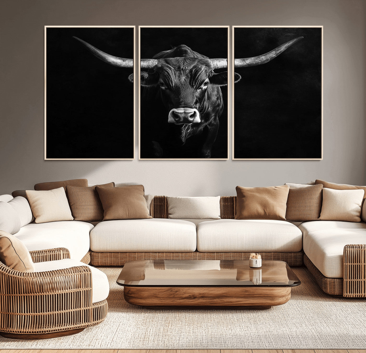 42077175-MGV-CV-36X24-Texas Longhorn Wall Art Canvas Print, Framed Monochrome Bull Art Picture Print, Horned Bull Perfect Rustic Western Decor Artwork