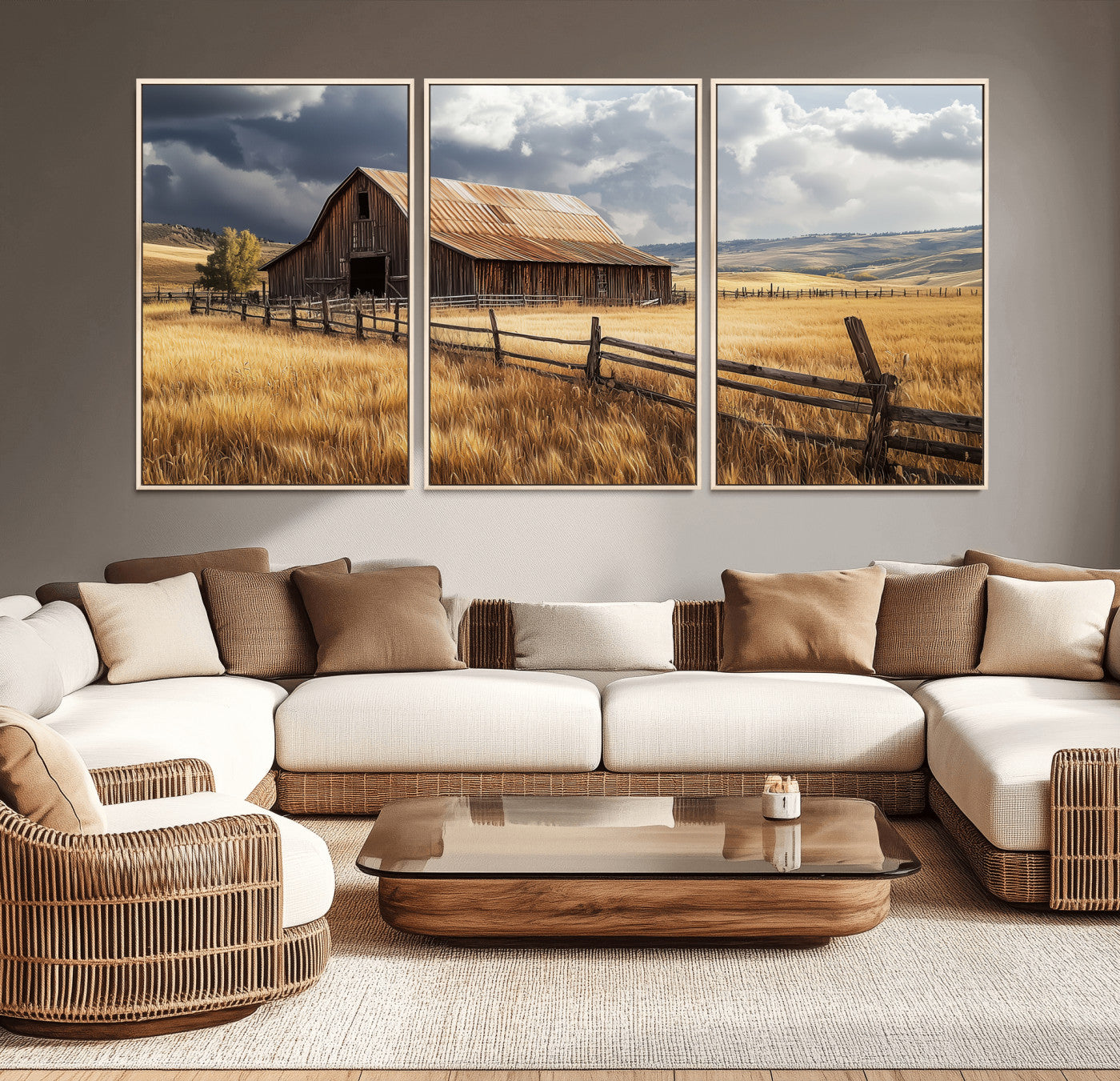 38758826-MGV-CV-36X24-Rustic Barn Wall Art Canvas Print, Framed Moody Barn Art Picture Print, Golden Field Perfect Rustic Farmhouse Decor Artwork