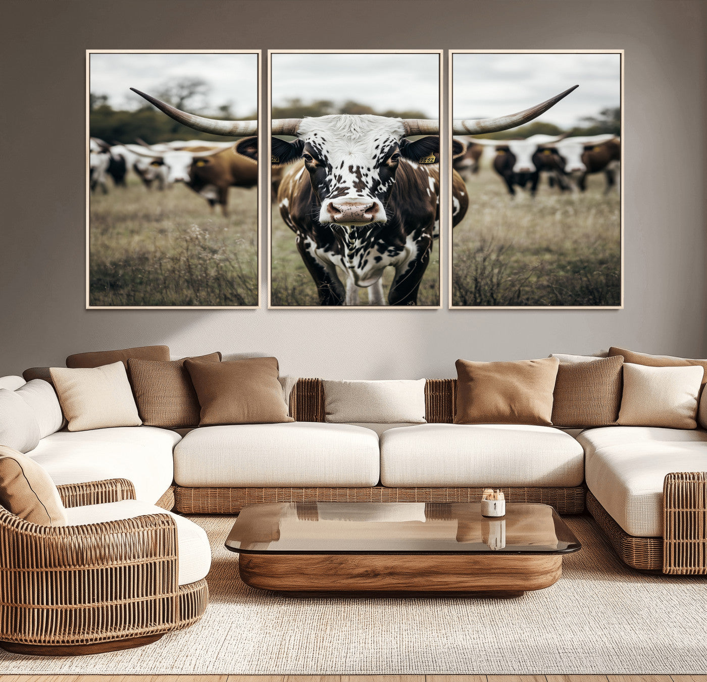 79025945-MGV-CV-36X24-Texas Longhorn Wall Art Canvas Print, Framed Speckled Cow Art Picture Print, Horned Cattle Perfect Rustic Western Decor Artwork