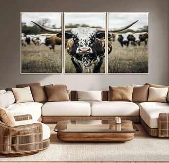 79025945-MGV-CV-36X24-Texas Longhorn Wall Art Canvas Print, Framed Speckled Cow Art Picture Print, Horned Cattle Perfect Rustic Western Decor Artwork