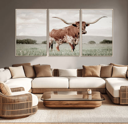 28309012-MGV-CV-36X24-Texas Longhorn Wall Art Canvas Print, Framed Spotted Cattle Art Picture Print, Horned Bull Perfect Rustic Western Decor Artwork