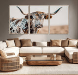 70414966-MGV-CV-36X24-Texas Longhorn Wall Art Canvas Print, Framed Speckled Cow Art Picture Print, Horned Bull Perfect Rustic Western Decor Artwork