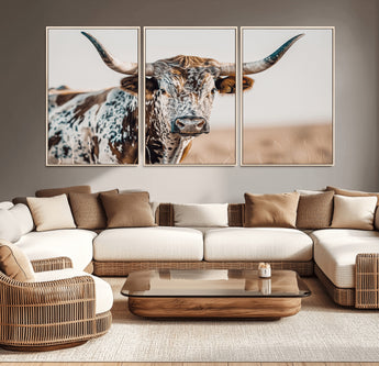 70414966-MGV-CV-36X24-Texas Longhorn Wall Art Canvas Print, Framed Speckled Cow Art Picture Print, Horned Bull Perfect Rustic Western Decor Artwork