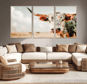 72766375-MGV-CV-36X24-Texas Longhorn Wall Art Canvas Print, Framed Spotted Cow Art Picture Print, Horned Cattle Perfect Rustic Western Decor Artwork