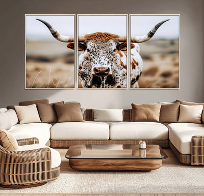 76294381-MGV-CV-36X24-Texas Longhorn Wall Art Canvas Print, Framed Spotted Cow Art Picture Print, Horned Cattle Perfect Rustic Western Decor Artwork