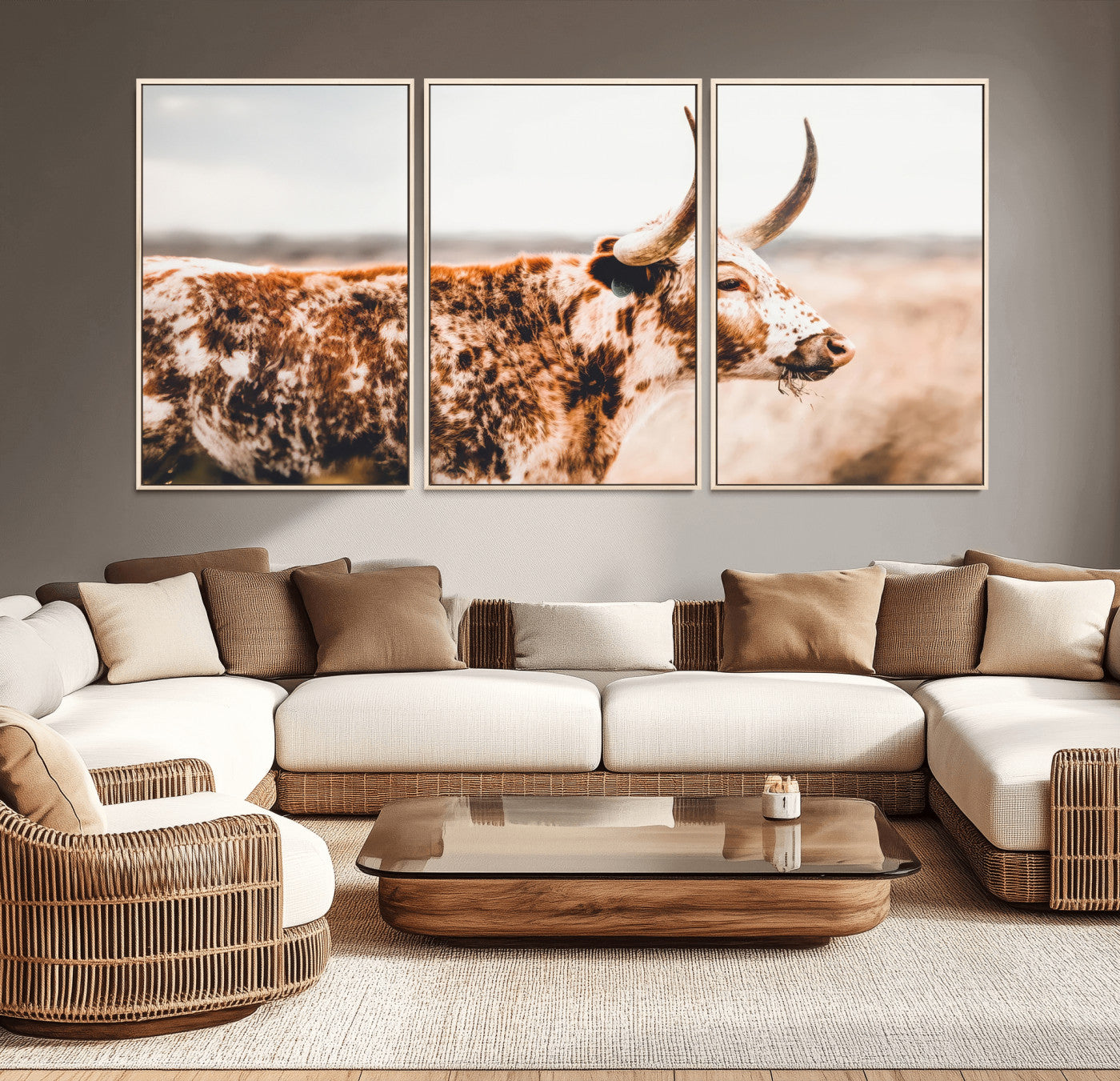 11528295-MGV-CV-36X24-Speckled Longhorn Wall Art Canvas Print, Framed Texas Cattle Art Picture Print, Horned Cow Perfect Rustic Western Decor Artwork
