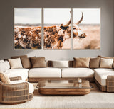 11528295-MGV-CV-36X24-Speckled Longhorn Wall Art Canvas Print, Framed Texas Cattle Art Picture Print, Horned Cow Perfect Rustic Western Decor Artwork