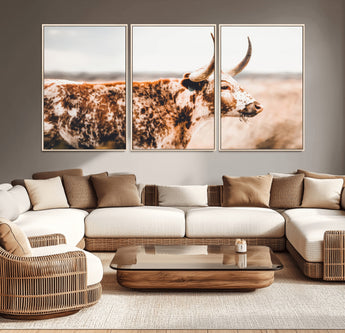 11528295-MGV-CV-36X24-Speckled Longhorn Wall Art Canvas Print, Framed Texas Cattle Art Picture Print, Horned Cow Perfect Rustic Western Decor Artwork