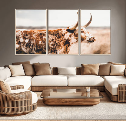 11528295-MGV-CV-36X24-Speckled Longhorn Wall Art Canvas Print, Framed Texas Cattle Art Picture Print, Horned Cow Perfect Rustic Western Decor Artwork