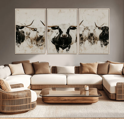 12027562-MGV-CV-36X24-Longhorn Cattle Wall Art Canvas Print, Framed Bison Herd Art Picture Print, Cattle Group Perfect Rustic Farmhouse Decor Artwork