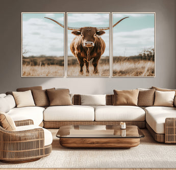 39350715-MGV-CV-36X24-Texas Longhorn Wall Art Canvas Print, Framed Longhorn Cow Art Picture Print, Western Cattle Perfect Rustic Western Decor Artwork