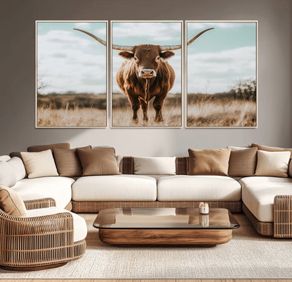 39350715-MGV-CV-36X24-Texas Longhorn Wall Art Canvas Print, Framed Longhorn Cow Art Picture Print, Western Cattle Perfect Rustic Western Decor Artwork