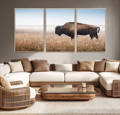 91267849-MGV-CV-36X24-Wild Bison Wall Art Canvas Print, Framed Bison in Prairie Art Picture Print, Rustic Western Perfect Rustic Western Decor Artwork