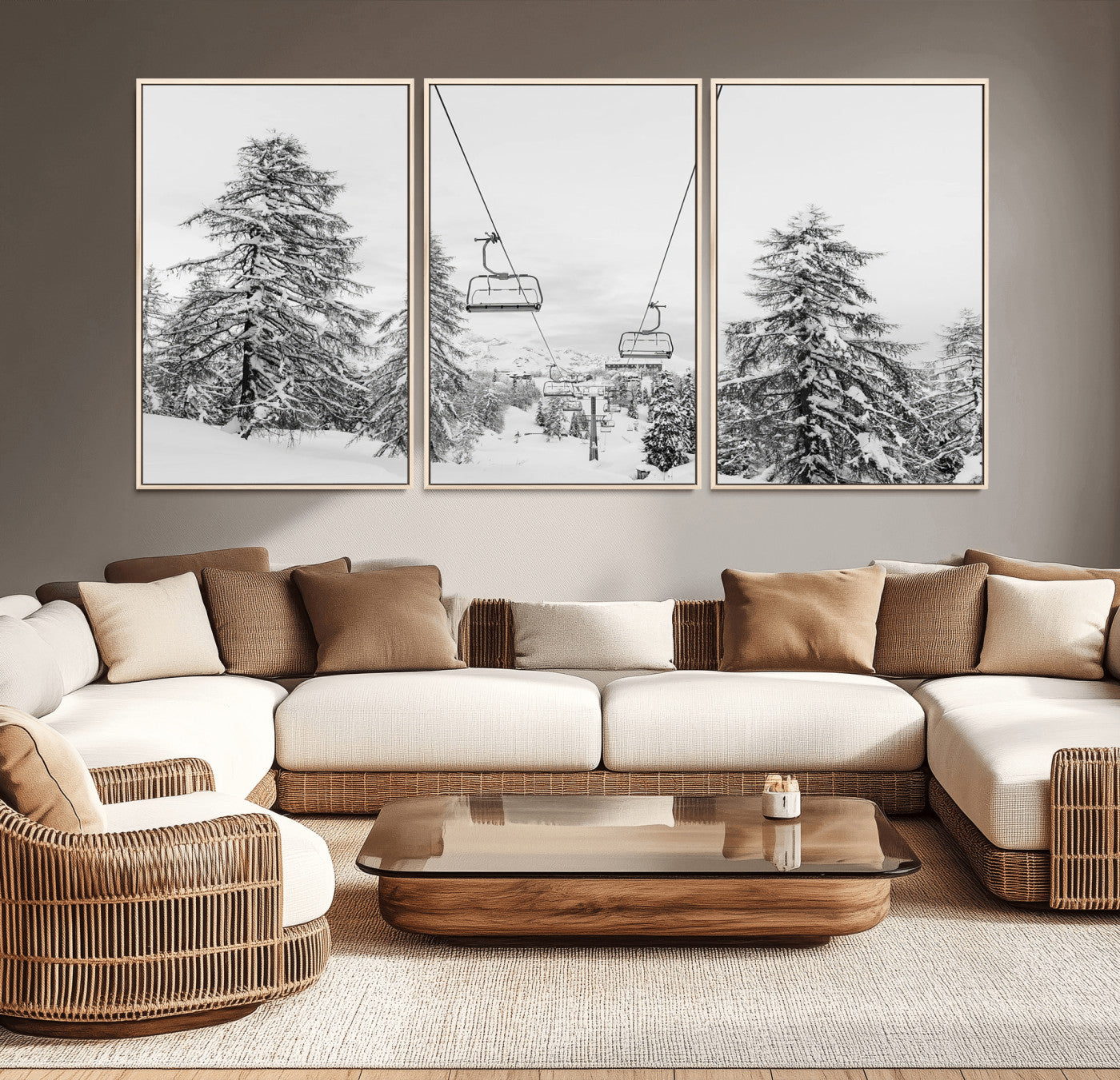 55003599-MGV-CV-36X24-Snowy Ski Lift Wall Art Canvas Print, Framed Winter Forest Art Picture Print, Ski lift Ride Perfect Winter Lodge Decor Artwork