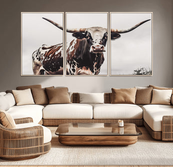 95249234-MGV-CV-36X24-Texas Longhorn Wall Art Canvas Print, Framed Spotted Bull Art Picture Print, Horned Cattle Perfect Rustic Farmhouse Decor Artwork